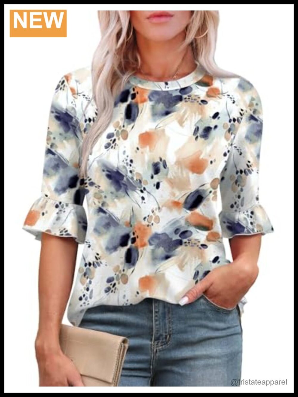 Rapbin Womens 3/4 Ruffle Sleeve Floral Tunic Blouse Loose Fit Crew Neck Top